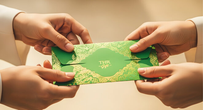 Hands giving and receiving a green envelope filled with Eidi or THR money during Eid.