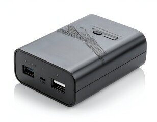 Black rectangular portable power bank with ports and a textured top