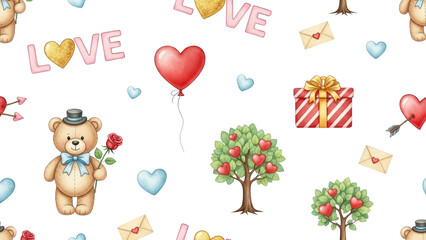 Fototapeta premium A charming seamless pattern featuring a teddy bear with a rose gift box love letters hearts heart balloon and a tree bearing hearts valentine cupid arrow celebration romance