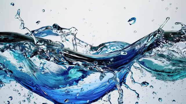 Dynamic blue liquid splashing and forming abstract shapes against a white background