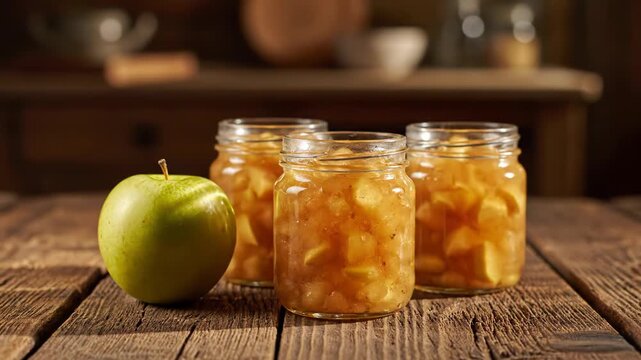 Three jars of homemade apple compote sit on a rustic wooden table. A fresh green apple rests beside the sweet fruit preserves.