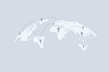 Global network or business with pin locations on a world map, representing worldwide presence, international connections, and global reach. © Me_Studio