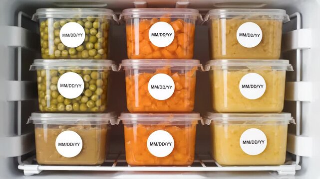 Nine clear containers filled with food are neatly organized in a freezer. Each container has a white label for easy date tracking and storage.