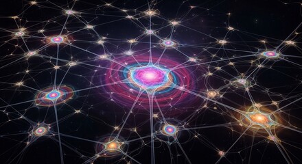 Obraz premium A vast, cosmic network of interconnected beings or nodes composed entirely of swirling, prismatic light, each connection a shimmering strand in an infinite web of impossible colors.