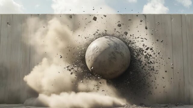 A large ball strikes a concrete wall, causing a significant impact that sends debris and dust into the air at a construction site