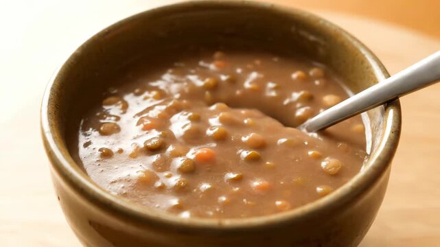 A warm bowl of hearty lentil soup is stirred with a spoon. This comforting meal features wholesome ingredients and a rich texture.