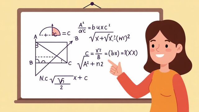 Animated Mathematics Teacher Explaining Equation on Whiteboard in a Bright Classroom With Clean Light, Geometry Concepts, Algebra Problems and Numerical Examples