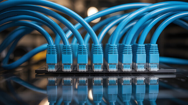 Blue internet cables connected to network patch panel or data switch ports