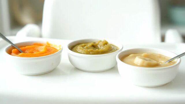 Three colorful bowls of healthy baby food are ready for mealtime. A spoon scoops banana puree, offering nutritious first tastes.