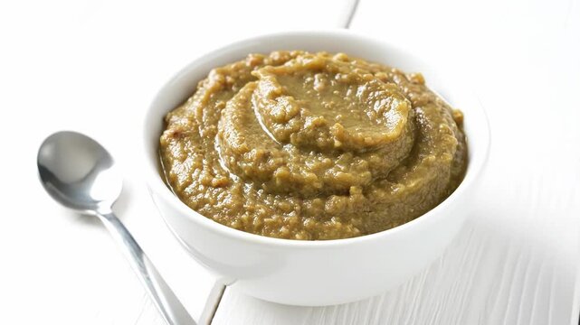 A white bowl holds a hearty green split pea soup. A silver spoon rests beside the comforting meal.