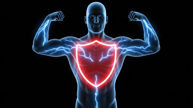 Stylized human figure with glowing blue energy and a red shield on chest, symbolizing protection and strength.