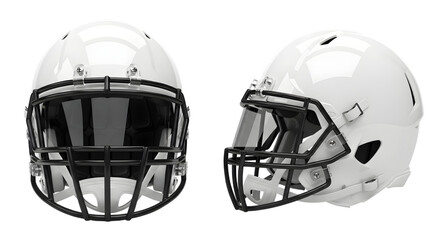 Fototapeta premium Two white football helmets with black face guards on transparent background