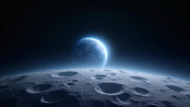 Earth rising over moon surface, cosmic space view spectacular, blue planet glowing beautiful, stars scattered background infinite, astronomical perspective rare