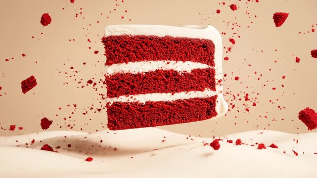 Red velvet cake explosion with crumbly texture and creamy frosting