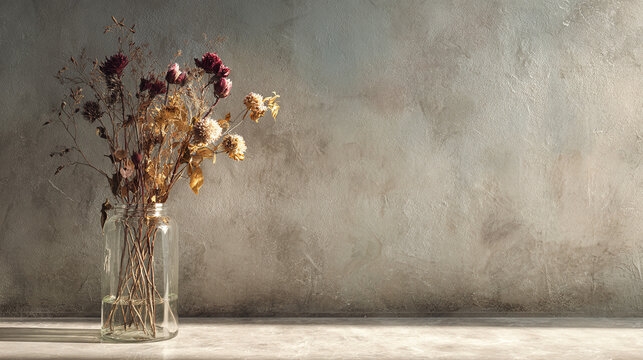 A delicate display of dried flowers in a glass vase against a textured backdrop. The composition evokes a sense of timeless beauty and muted elegance.