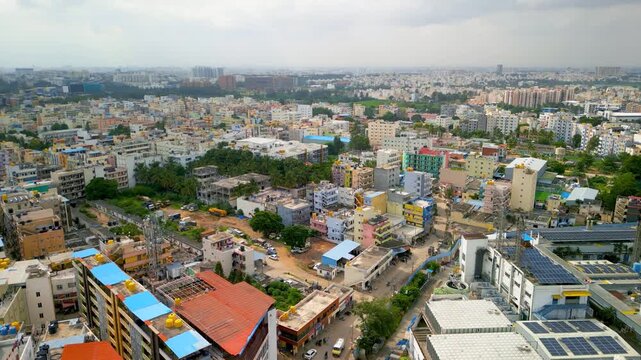 Aerial drone shot showing the densely populated urban landscape of Bangalore, india