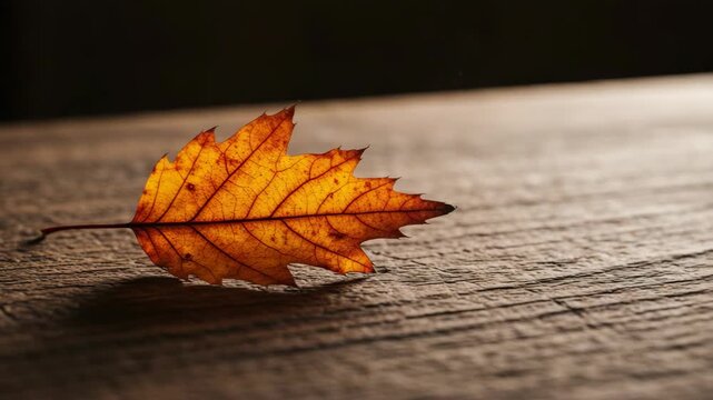 Single Orange Leaf on Dark Brown Wooden Table