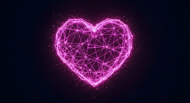 A delicate and intricate 3D wireframe heart structure glowing intensely against a black background with sparkling embers.