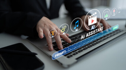 Hands on Laptop with AI Assistant Interface Displaying Icons for Music, Video, and Text Editing, Modern Technology and Digital Innovation, Working Environment Quark.