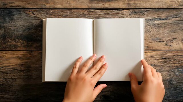 Open blank book lies on a wooden table in a room with natural light coming through a window during the afternoon