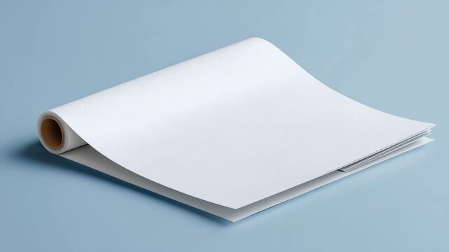 Blank sheet of paper lying on a blue background showing folds and curls from being rolled up on a cardboard tube in a simple arrangement