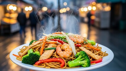 Steaming noodles with shrimp, vegetables, on a bustling street background