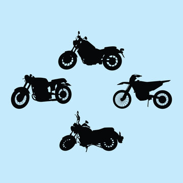 Collection of four distinct black motorcycle silhouettes showcasing a variety of styles including cruiser road bike cafe racer and dirt bike models isolated on a light blue background for graphic desi