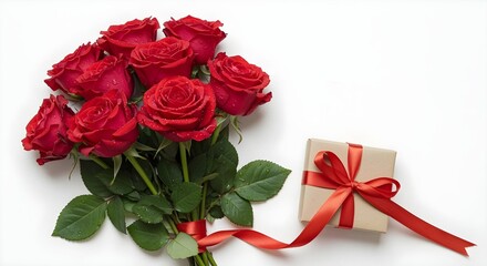 Rose Bouquet with Gift Box on White Background Flat Lay