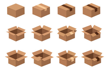 Fototapeta premium Isometric cardboard box set featuring closed and open states with tape details for shipping and delivery
