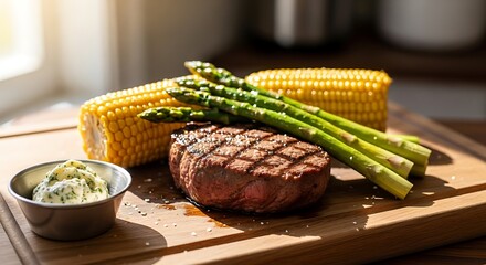 Succulent grilled steak garnished with asparagus, corn, and flavored butter