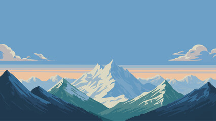 Blue Mountain Landscape Illustration with Snow Peaks and Clear Sky © Kusum