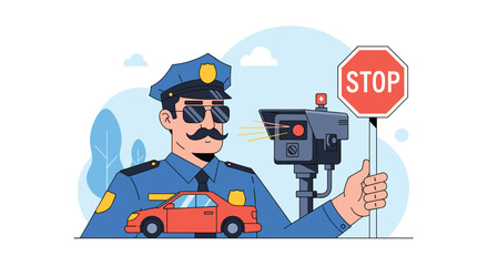 Obraz premium Police officer in uniform and sunglasses holding a red stop sign next to a speed camera and a small red car.