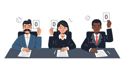 Three diverse judges sitting at a dark table and holding up signs with a zero score and disappointed expressions.