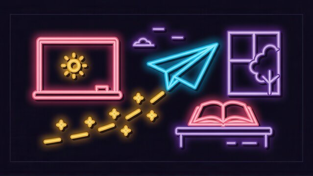 Illuminated educational journey with glowing paper plane, blackboard, and book neon art