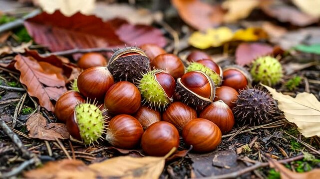 A vibrant collection of chestnuts and conkers nestled among autumn leaves in a forest setting