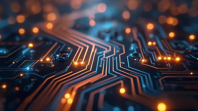Glowing electronic circuit board in blue and orange tones, representing digital innovation, connectivity, and high-tech systems for technology and business concepts.