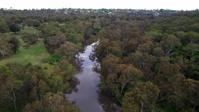 Aerial view looking along the Yarra River at Studley Park the Melbourne, Victoria, Australia. December 2025