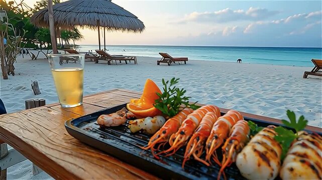 Grilled seafood platter featuring shrimp, scallops, lemon, and herb garnishes served wooden table by beach sunset with ocean view and refreshing