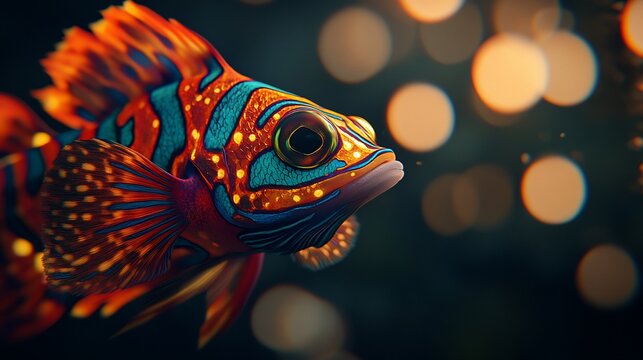 Colorful Mandarin Fish Swimming, Bokeh Background, Aquarium