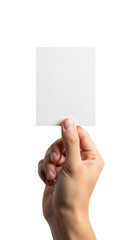 Fototapeta premium Hand holding white card isolated on transparent background