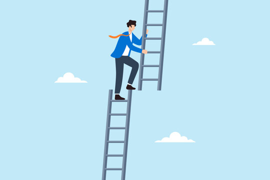 Flat illustration of businessman climbing and switching ladder representing job transition role change growth opportunity professional development and new career