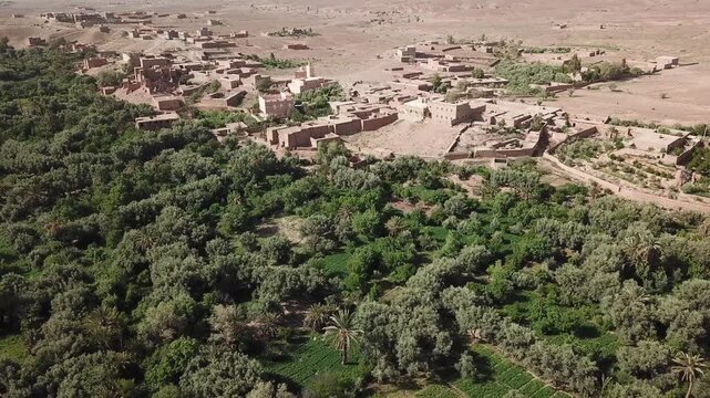 Aerial shot capturing the sharp boundary between a dense green palm oasis and a dry desert village. The footage illustrates the struggle against desertification and life on the edge of the North Afric