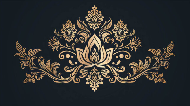 Golden lotus floral motif with decorative scrolls on dark textured background