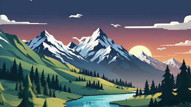 Majestic mountain valley with river and pine trees at sunset