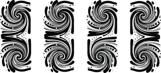 Fototapeta premium A collection of tribal designs with swirling patterns and abstract shapes in black and gray tones displayed vertically