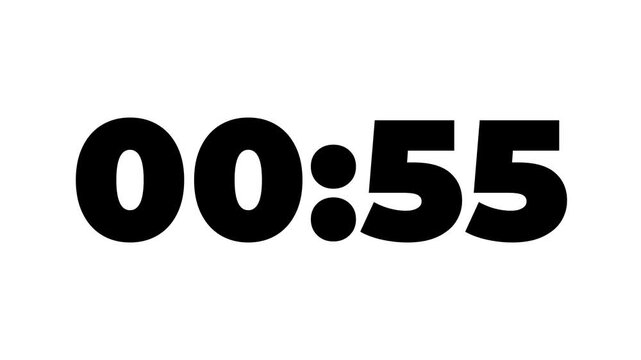 One minute countdown animation from 60 seconds to 0 seconds on a transparent background, One minute countdown timer with alpha channel