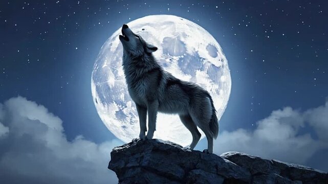 A wolf howling at the moon standing on a rocky cliff under a starry night sky illustration wolf video