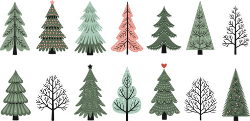 Obraz premium Set of stylized Christmas tree illustrations featuring various geometric shapes folk art patterns and decorative winter firs on grey background