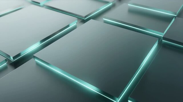 Glowing glass panels arranged in a geometric pattern, reflecting futuristic architecture, innovation, and modern technology with cool teal and metallic tones.