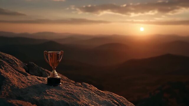At dusk, a golden trophy sits atop a mountain. Represents achievement, victory, and the zenith of success